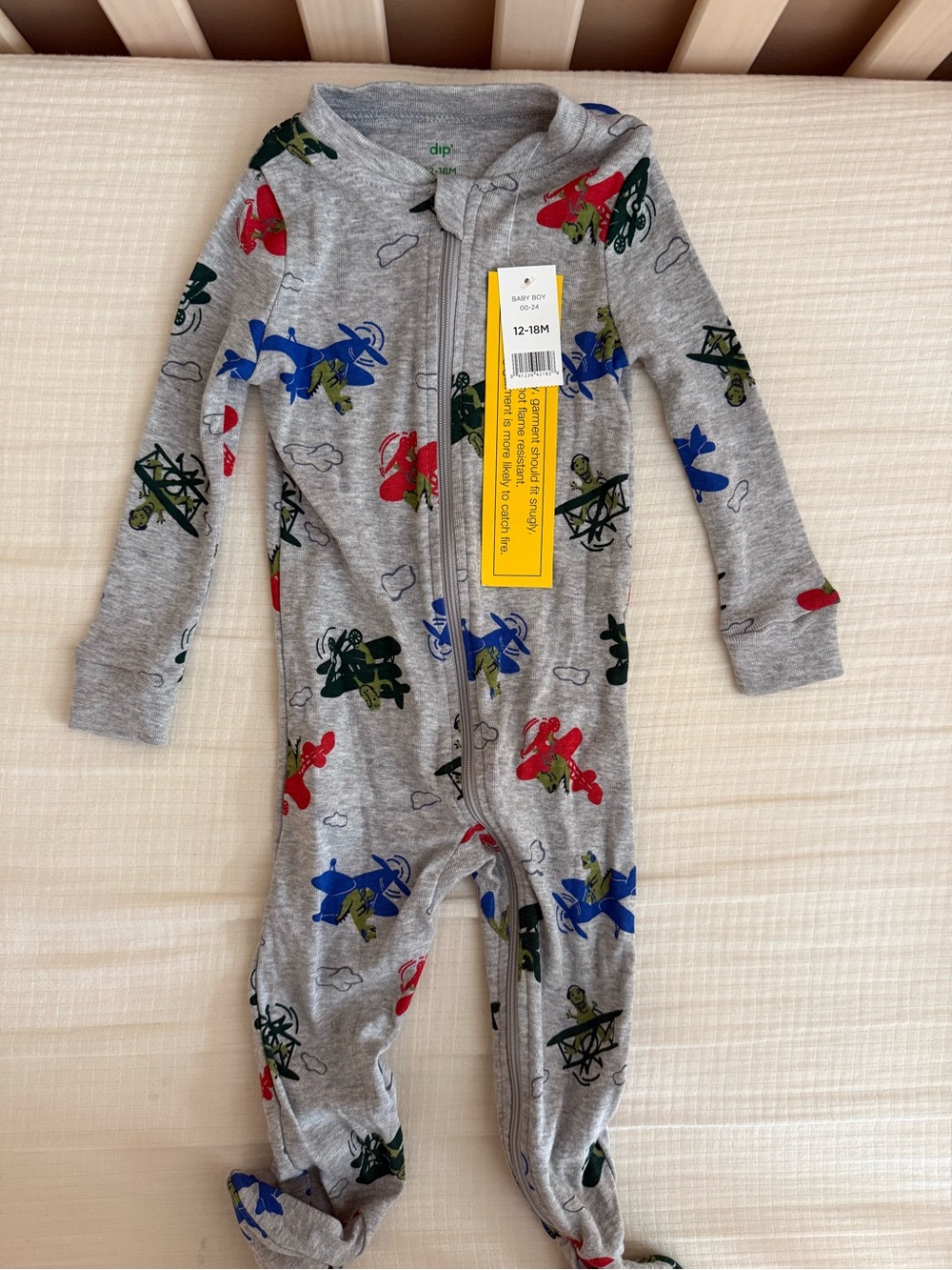 Dip Grey Dino Airplane Print Footed One-Piece Pajamas Baby Boy- 12-18M- NWT